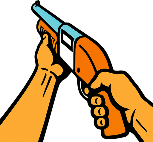 A shotgun with a first person view of somebody holding it.
In-Game asset.  2d.  High contrast.  No shadows