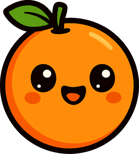 Naranja Circular Fruta con ojos lindos.
In-Game asset.  2d.  High contrast.  No shadows. Cartoon.