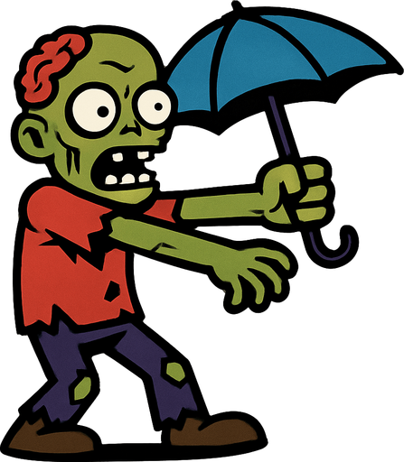 a zombie raises an umbrella forward.
In-Game asset.  2d.  High contrast.  No shadows