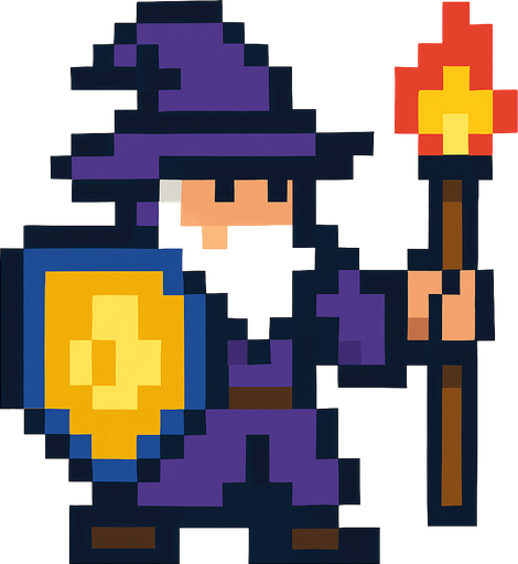 piksel kalkanlı büyücü.
In-Game asset.  2d.  High contrast.  No shadows