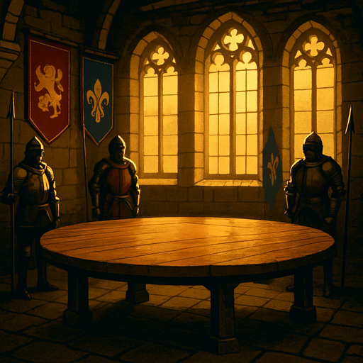 A medieval council chamber with a round oak table, banners of noble houses, armored guards, high windows filtering in golden light, reailstic.
In-Game asset.  2d.  High contrast.  No shadows