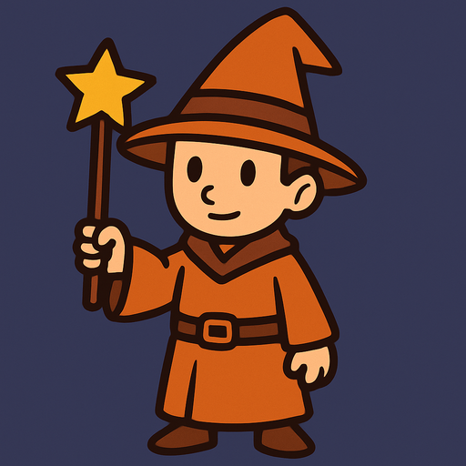 Mago con sombrero naranja y marrón sin barba con varita con estrella, de cuerpo entero.
In-Game asset.  2d.  High contrast.  No shadows