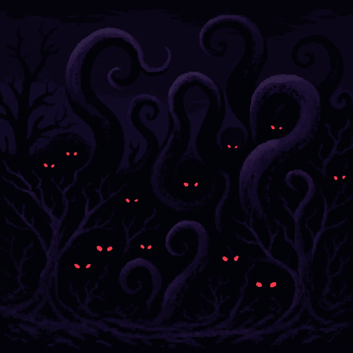 "High-quality 2D pixel art background set at night, with a dark purple atmosphere and eerie lighting. The environment features twisted, dead and infected trees in dark purple and black tones, their branches gnarled like claws. Emerging from the landscape are large, shadowy octopus-like tentacles in shades of violet, wrapping through the trees and terrain. Red glowing eyes are scattered throughout the darkness, hiding within the shadows and between the branches. The scene is ominous and unsettling, perfect for a dark fantasy or horror-themed RPG. Style is detailed 16-bit pixel art, with strong contrast and a moody color palette.
In-Game asset.  2d.  High contrast.  No shadows
