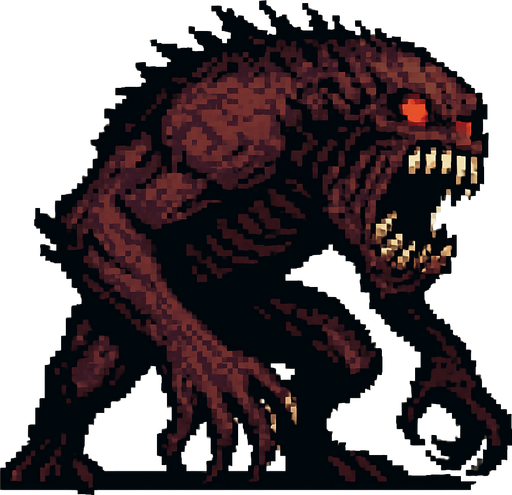 un mounstro grande hecho con pixeles con perspectiva de lado y mas aterrador
In-Game asset.  2d.  High contrast.  No shadows