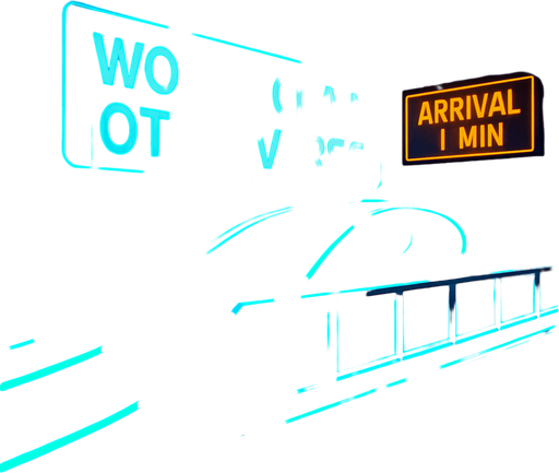 Generate an elevated monorail station at night, with neon rails and transparent glass platforms. Holographic signage over the tracks proclaims ‘World Chain Otterverse.’ Add animated train arrival indicators, rain streaks on glass, and distant skyscrapers—no characters or coins present..
In-Game asset.  2d.  High contrast.  No shadows
