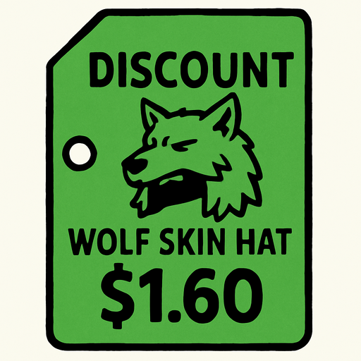 green price tag that says discount wolf skin hat $1.60.
In-Game asset.  2d.  High contrast.  No shadows