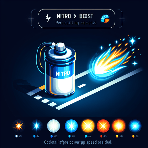 I need a 2D Nitro Boost asset for my street racing game on the UPIT FRVR platform. Please provide:

A Nitro item/power-up icon (e.g., a glowing canister, fuel bottle, or energy orb)

An optional nitro flame trail effect (to show speed burst behind the car when nitro is activated)

Asset Requirements:

Bright, high-energy colors (like blue, orange, or electric white)

Should look exciting and clearly indicate a speed power-up

Sized appropriately to place on the road for pickup or to attach behind the car when used

Style should match a fun and fast-paced 2D racing game.
Single Game Texture.  In-Game asset.  2d.  Blank background.  High contrast.  No shadows