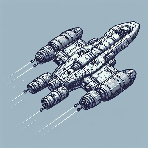 Spaceship.
Single Game Texture.  In-Game asset.  2d.  Blank background.  High contrast.  No shadows