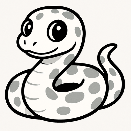 Una serpiente blanca con manchas grises con ojos negros estilo caricatura.
In-Game asset.  2d.  High contrast.  No shadows