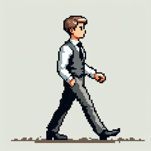 8-bit. cartoon. fancy office person. walking from the side. in game asset. Single Game Texture. In-Game asset. 2d. Blank background. High contrast. No shadows.