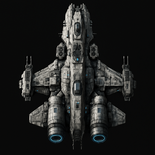 Uzay temalı Savaş Gemisi, gerçekçi, yazısız üstten görünüm. 
In-Game asset.  High contrast.  No shadows