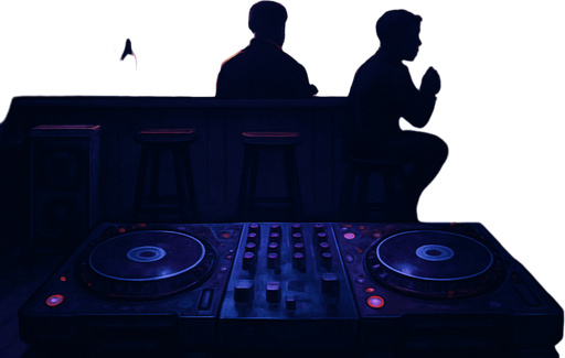 semi-realistic comic book style, moody neon lighting, lo-fi urban atmosphere, rich textures, cinematic framing, purple and blue tones, soft gradients, ambient reflections