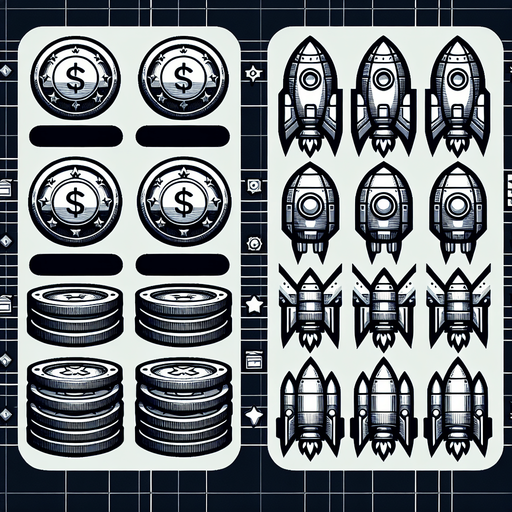 Coins

Rockets.
Single Game Texture. In-Game asset. 2d. Blank background. High contrast. No shadows.