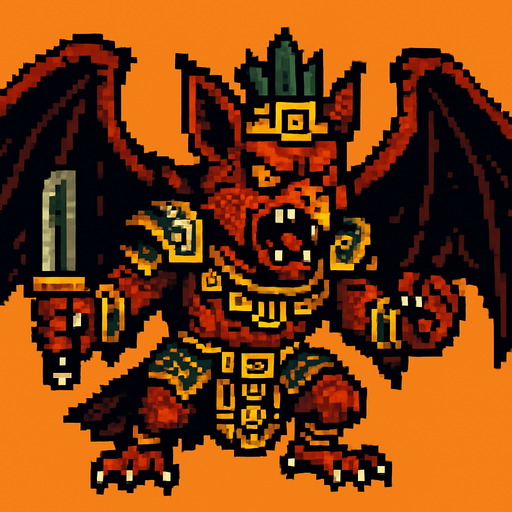 Genérame una Halcon Murcielago guerrero azteca con eso patrones, estilo pixelar, con una apariencia maligna, ojos rojos, rabioso. Unidad aerea con alas. Animal.
In-Game asset.  2d.  High contrast.  No shadows