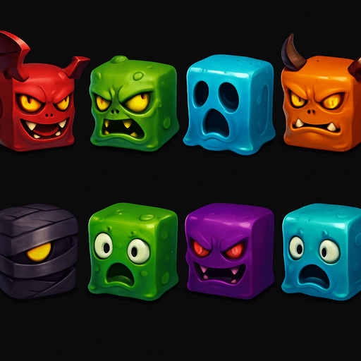 pack of different scary enemies for ninja game, monsters, slimes cubes monsters, different colors, HD colors
In-Game asset.  2d.  High contrast.  No shadows