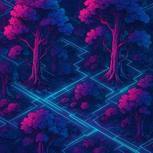 Top down isometric Cyberpunk forest background image large