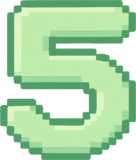 A pixel art number "5" designed for a cozy, cute retro 2D game UI with a bird theme. The number is rendered in soft pastel light green tones to harmonize with the gentle and sweet aesthetic of the game. It has a clean, simple, and rounded pixel style with no harsh edges, fitting perfectly within the pixel art UI style. The number is bold and easily readable at small sizes..
In-Game asset.  2d.  High contrast.  No shadows. pixel art. retro. 2d ui. number. pastel light green. simple. rounded edges. bold. cute. minimal