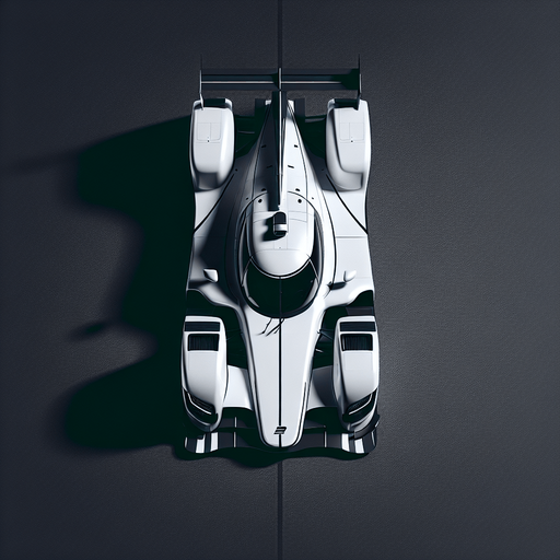 top down view of white racing car.
Single Game Texture.  In-Game asset.  2d.  Blank background.  High contrast.  No shadows