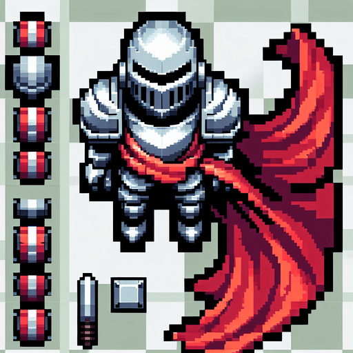 A pixelated 2D knight character sprite viewed from directly above, wearing silver armor and a red cape. The character is simplified to basic shapes - a circular body with rectangular shoulder plates. The cape extends behind the character. Clean pixel art style with no shading, designed for top-down gameplay..
Single Game Texture. Top-down view. Pixel art. Game character sprite. 32x32 pixels. Transparent background. 2D game asset. Clean edges. No anti-aliasing. High contrast colors. Character centered.