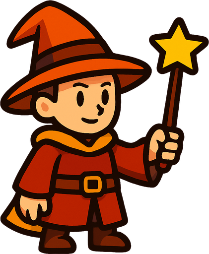 Mago con sombrero naranja y marrón sin barba con varita con estrella, de cuerpo entero.
In-Game asset.  2d.  High contrast.  No shadows