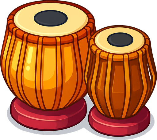 A colorful, cartoon-style illustration of a traditional Indian tabla drum set with two hand drums (bayan and dayan). Soft shadows, clean outline, slightly 3D style, transparent rounded background. Mobile game-friendly icon..
In-Game asset.  2d.  High contrast.  No shadows