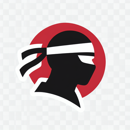 A minimalist icon depicting a ninja head silhouette in black. The silhouette should be simple and recognizable, with a headband or mask detail. The background should be transparent or a contrasting color (e.g., red or white)..
Single Game Texture. In-Game asset. 2d. Blank background. High contrast. No shadows.