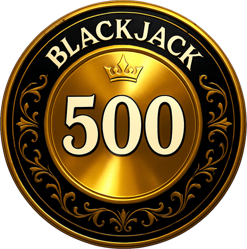 Crea un asset para una ficha de casino de $500 para Blackjack.
Color Principal: Un color muy distintivo y premium, como un dorado sólido y brillante, un plateado metálico o un negro azabache con un brillo iridiscente.
Borde/Detalles: Un borde más grueso y prominente en un color que contraste fuertemente (ej., negro sobre dorado, dorado sobre negro), y quizás un patrón de filigrana más elaborado o un diseño de corona/estrella discreto.
Valor: El número '500' grande y claro en el centro, en un color que destaque (ej., blanco, negro, o un color metálico si el fondo es oscuro), con una tipografía de casino audaz y elegante.
Estilo: Extremadamente lujoso y premium, debe ser la ficha más impresionante visualmente, coherente con 'La Tentación Dorada'.
Efectos: Un brillo intenso o reflejos que sugieran un material de altísima calidad.
Fondo: Transparente (solo la ficha)." que el texto de blackjack este aarriba.
In-Game asset.  2d.  High contrast.  No shadows