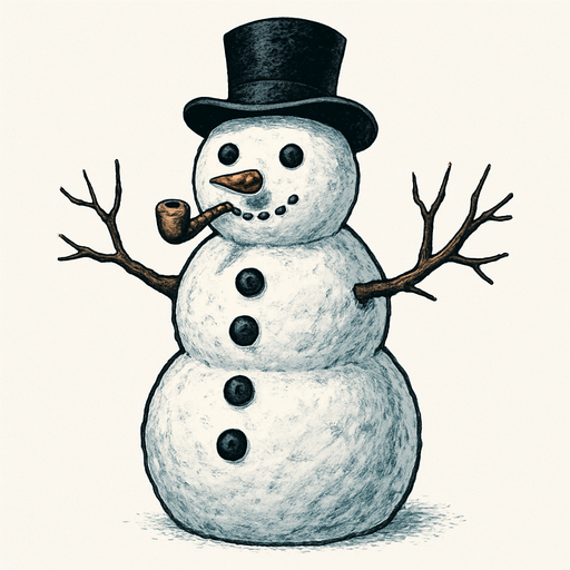 Hombre de nieve con pipa y manos de ramas y tres botones negros verticalmente algo realista.
In-Game asset.  2d.  High contrast.  No shadows