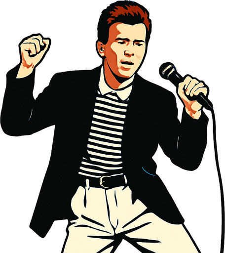 Realistic MEME of Rick Astley dancing with mic.
In-Game asset.  2d.  High contrast.  No shadows