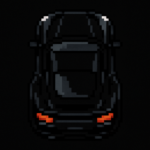 un auto negro deportivo hecho con pixeles con la perspectiva desde arriba y trasera.
In-Game asset.  2d.  High contrast.  No shadows