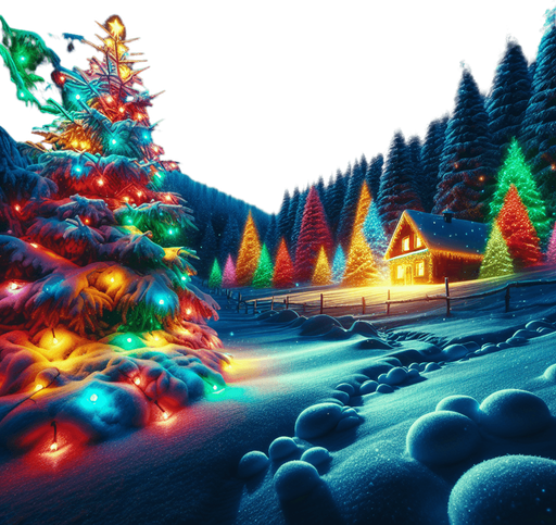 a landscape with santa's house on the left, pines with chistmas lights, snow, at night Background image. 2d. High contrast.