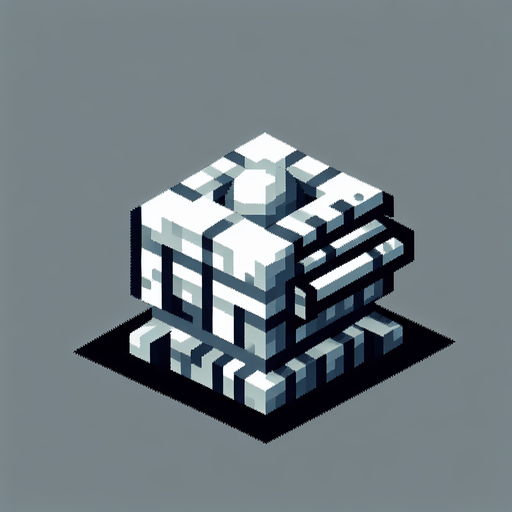 square shaped snowball shooting turret. pixelated. 8 bit. Single Game Texture. In-Game asset. 2d. Blank background. High contrast. No shadows.