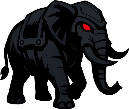 Black war elephant with red eyes.
In-Game asset.  2d.  High contrast.  No shadows