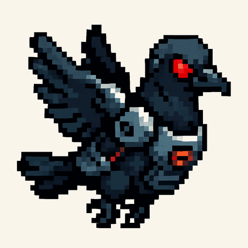 Pixel art of an evil pigeon with robotic parts, red glowing eyes, and tiny armor. Flying pose, side view, 2D pixel sprite for an arcade game.
In-Game asset.  2d.  High contrast.  No shadows