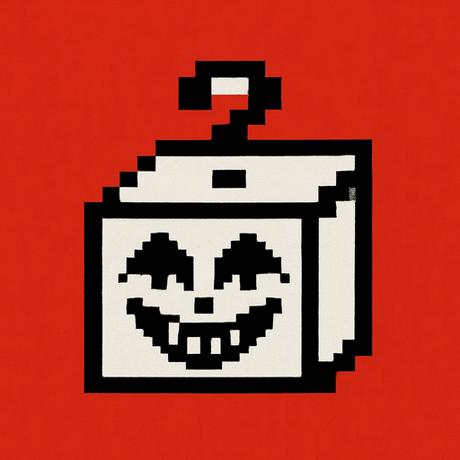 Una caja sorpresa cerrada en blanco y negro pixeleado en 16x16 pixeles, en la caja hay un dibujo de unos ojos y sonrisa de Jevil de deltarune. el fondo de la imagen es de color rojo
