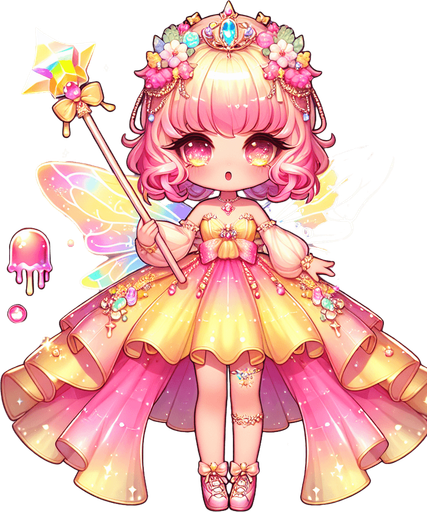 A very colourful sparkling pink fairy doll in yellow orange and soft colours kawaii doll with glowing jellys stars kawaii sweet beautiful wearing beautiful dress shoes magical wand.
Single Game Texture. In-Game asset. 3d. Blank background. High contrast. No shadows.theme