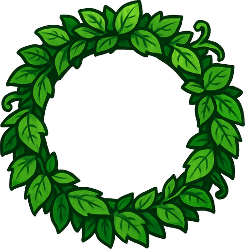 çember şeklinde bir görseli  çerçeve içine alan çevresi yeşillik çerçeve.
In-Game asset.  2d.  High contrast.  No shadows