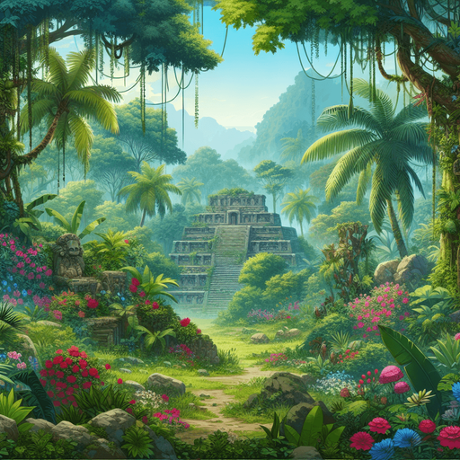 2d tropical sout america deep jungle. not far away, a ruins of ancient aztec temple..
Single Game Texture.  In-Game asset.  2d.  Blank background.  High contrast.  No shadows