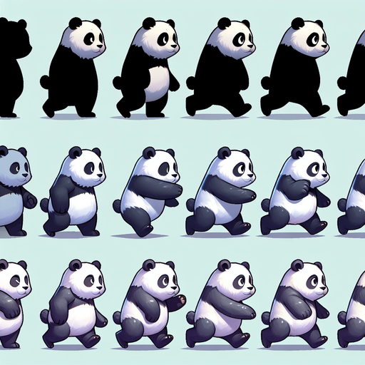 ayakta koşan bir pandanın farklı anları.
Single Game Texture. In-Game asset. 2d. Blank background. High contrast. No shadows.