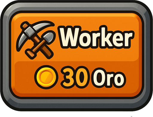 Crea un botón interactivo UI estilo 2D renderizado, limpio y cartoonish. Debe tener contornos definidos, colores vibrantes y sombreado que dé volumen. Será un rectángulo con esquinas ligeramente redondeadas, coherente con el botón de Torre. El fondo del botón será sólido y neutro (metal/piedra sutil), similar al botón de Torre para mantener coherencia UI.

El botón debe contener:

Texto Principal: La palabra "Worker" (Trabajador) claramente visible en la parte superior central.

Icono Secundario (Opcional): Un símbolo estilizado que represente el trabajo o recolección (ej. un pico y una pala cruzados, o un casco de minero), ubicado a la izquierda del texto "Worker" (o a la derecha, si el diseño lo favorece).

Precio: El texto "30 Oro" (o símbolo de oro y "30") claramente visible en la parte inferior central (o en una esquina inferior). Este precio debe ser una parte integral del diseño del botón (mismo asset).

Los colores de texto/icono deben contrastar claramente con el fondo (ej. bl.
In-Game asset.  2d.  High contrast.  No shadows
