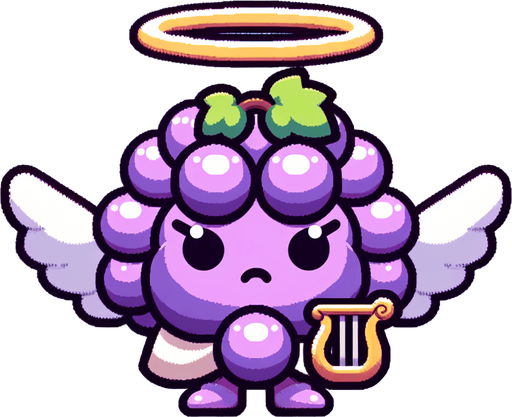 video game cute divine grape bunch Pokémon with an angelic halo above its head and a harp beside it, oversized head occupying most of its body, standing on two tiny chubby feet at the bottom, tiny adorable creature with a cute angry expression, looking straight ahead, facing the camera directly. 2D flat vector illustration.
Single Game Texture. In-Game asset. 2d. Blank background. High contrast. No shadows.
