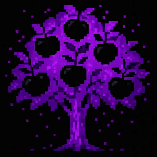 fruits are black with purple leaves and particles around them