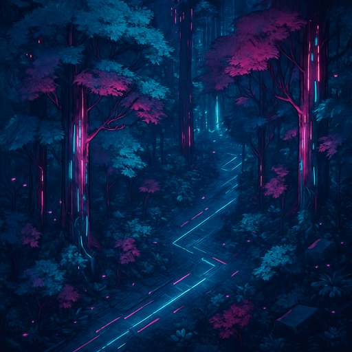 Top down isometric Cyberpunk forest background image large
