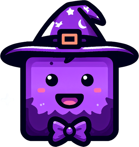 Perfectly square bright purple Halloween witcher head with cute happy face. Cartoon style. Spooky art style. Simple vector style.