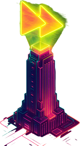 Top down isometric neon cyberpunk futuristic massive tower spire 3D fast forward symbol projection over top, agility, rapidness symbol yellows pinks greens vaporwave glowing hologram over top