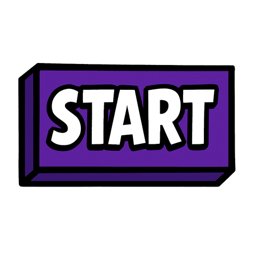 A bold comic-style rectangular button labeled 'Start' in capital white letters. The button has sharp edges with thick black outlines and a deep purple fill. Style mimics classic graphic novel UI — solid, punchy, and energetic. No background, transparent PNG.
In-Game asset.  2d.  High contrast.  No shadows