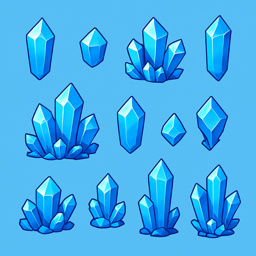 Pack of a different crystal assets. Blue sky color. HD colors..
In-Game asset.  2d.  High contrast.  No shadows