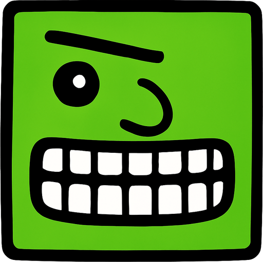 Basit yeşil renkde kare yüz. Gözü çok küçük, dişleri kaftar, burnu normal, kaşı ince.
In-Game asset.  2d.  High contrast.  No shadows