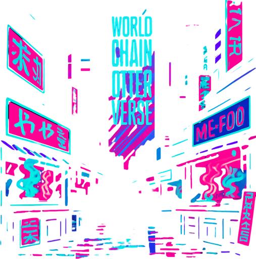 Generate a 4K cyberpunk street market scene at dusk: crowded neon stalls, glowing signage in kanji and Latin scripts, and slick pavement reflecting holographic ads. A towering LED banner proclaims ‘World Chain Otterverse’ in bold angular typography. Add drifting smoke from street food vendors, flickering drone traffic overhead, and a moody violet-cyan color palette—no characters or coins visible..
In-Game asset.  2d.  High contrast.  No shadows