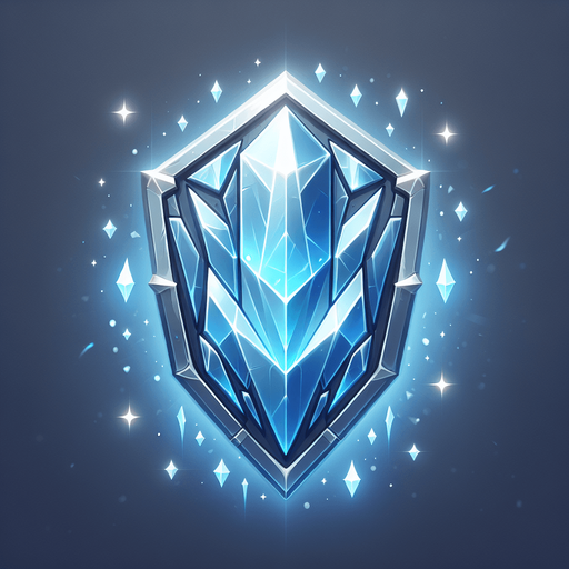 An angular, crystalline shield shimmering with blue light..
Single Game Texture.  In-Game asset.  2d.  Blank background.  High contrast.  No shadows